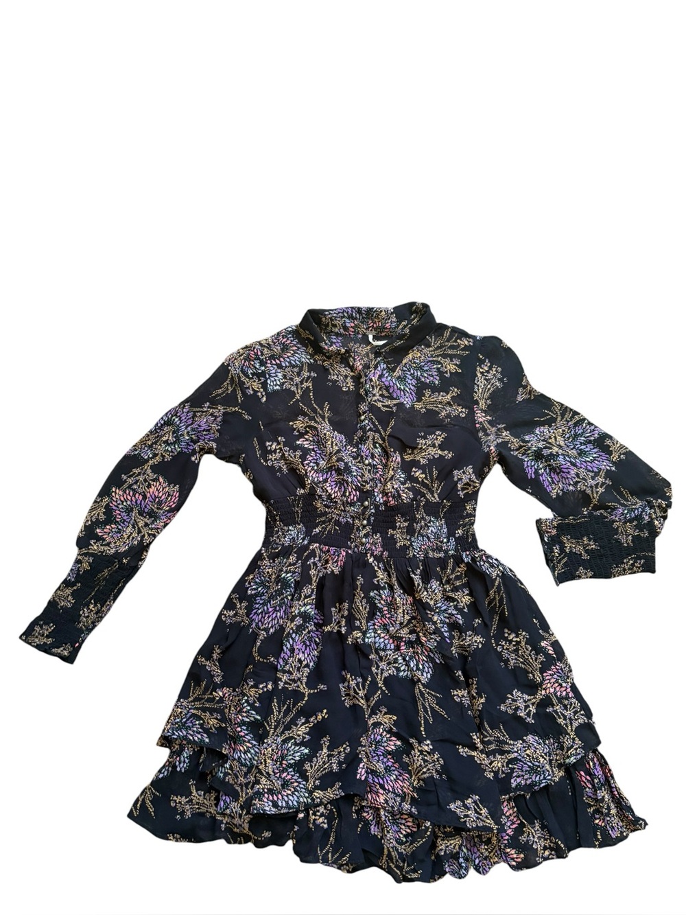Free People Dress Fake Pretend Black Floral Smocked Tiered Long Sleeve Size XS.